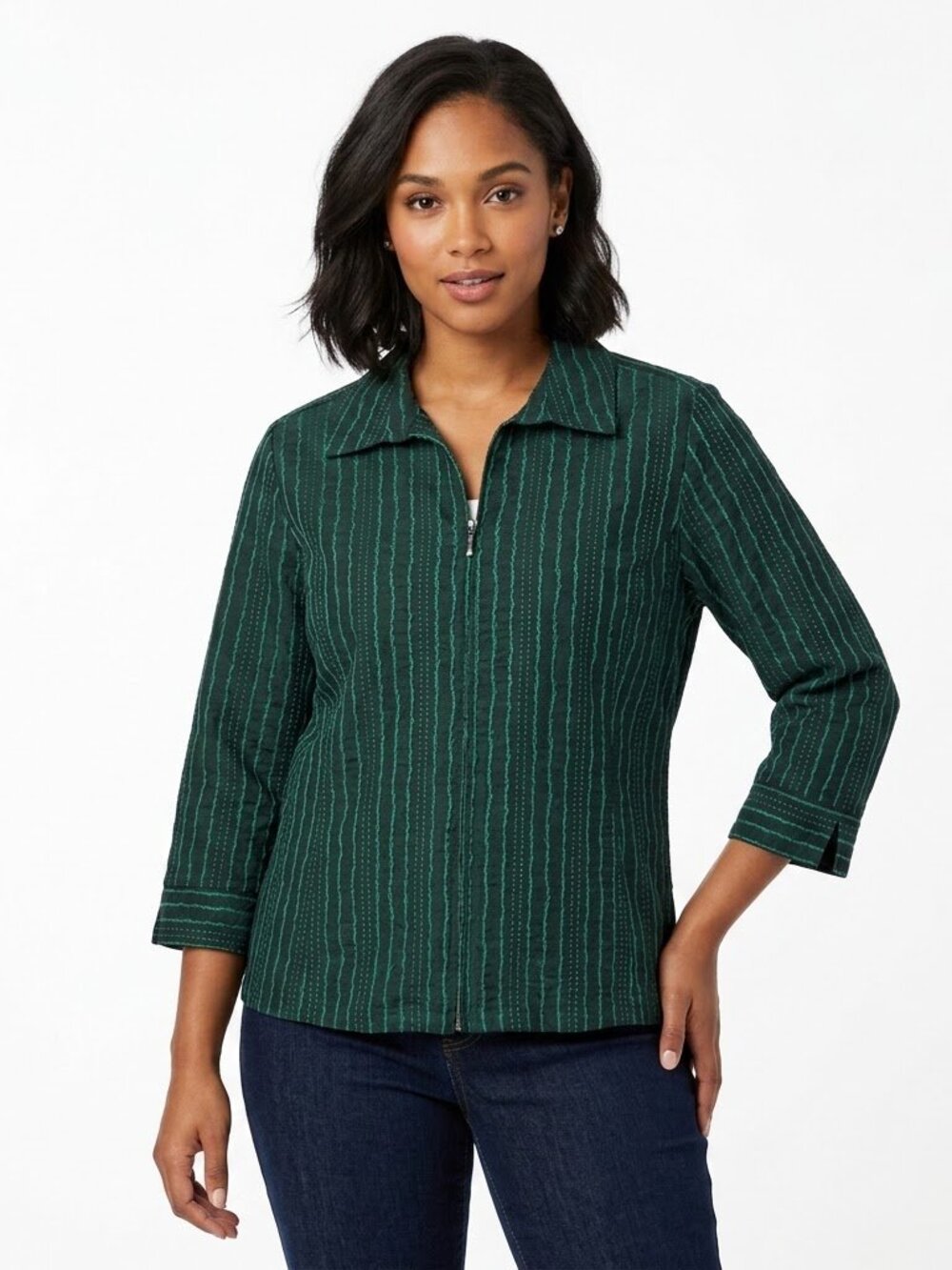 C&B Dark Green Embroidered Stretch Zip Front Shirt Jacket FLAW missing size tag